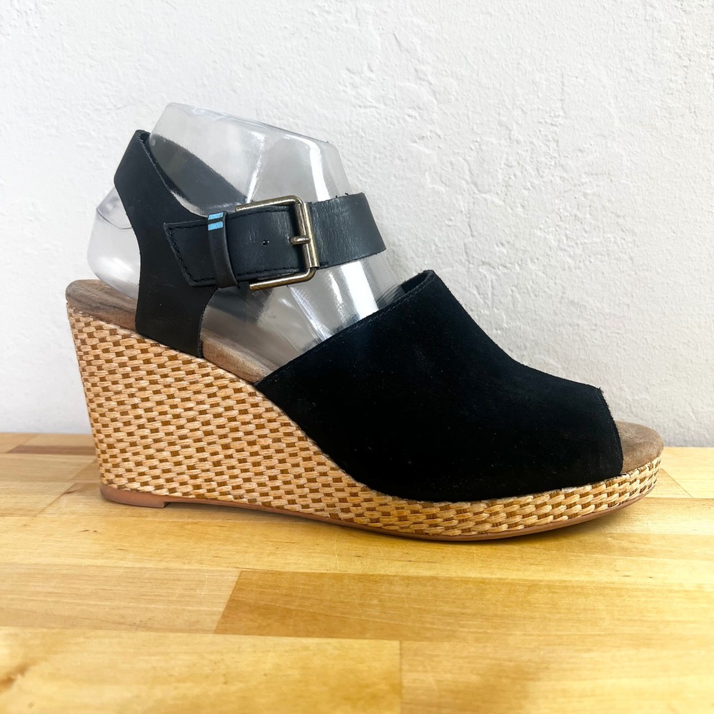 TOMS Size 9.5 Black Suede Leather Peep Toe Woven Wedge Ankle‎ Strap Sandals